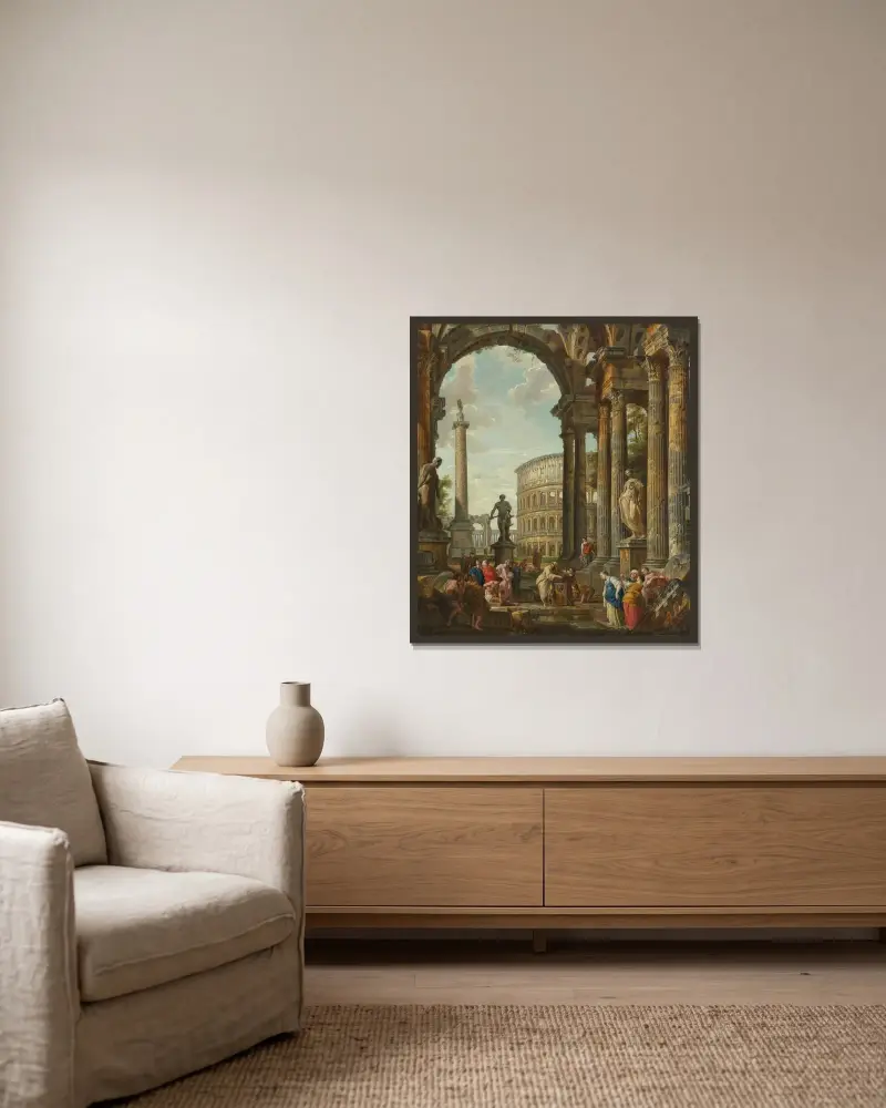 Ett klassiskt capriccio med Colosseum, Trajanus kolonn och Farneseherkules, med filosofen av Giovanni Paolo Panini inramad på en vägg