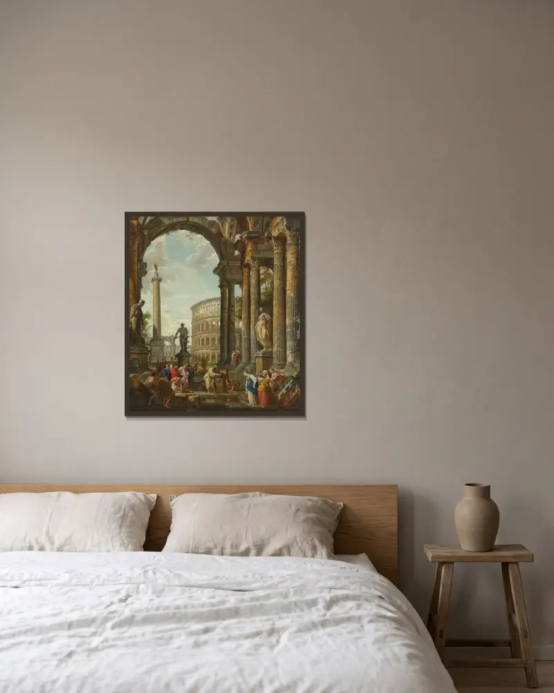 Ett klassiskt capriccio med Colosseum, Trajanus kolonn och Farneseherkules, med filosofen av Giovanni Paolo Panini inramad på en vägg