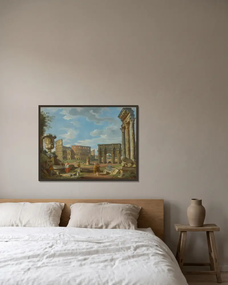 Capriccio över romerska monument med Colosseum och Konstantinbågen av Giovanni Paolo Panini inramad på en vägg