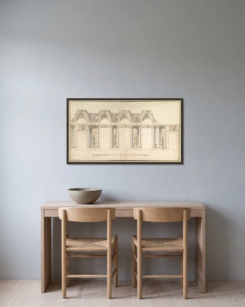 Design för dekoration av ett palatsinteriör av Giovanni Paolo Panini inramad på en vägg