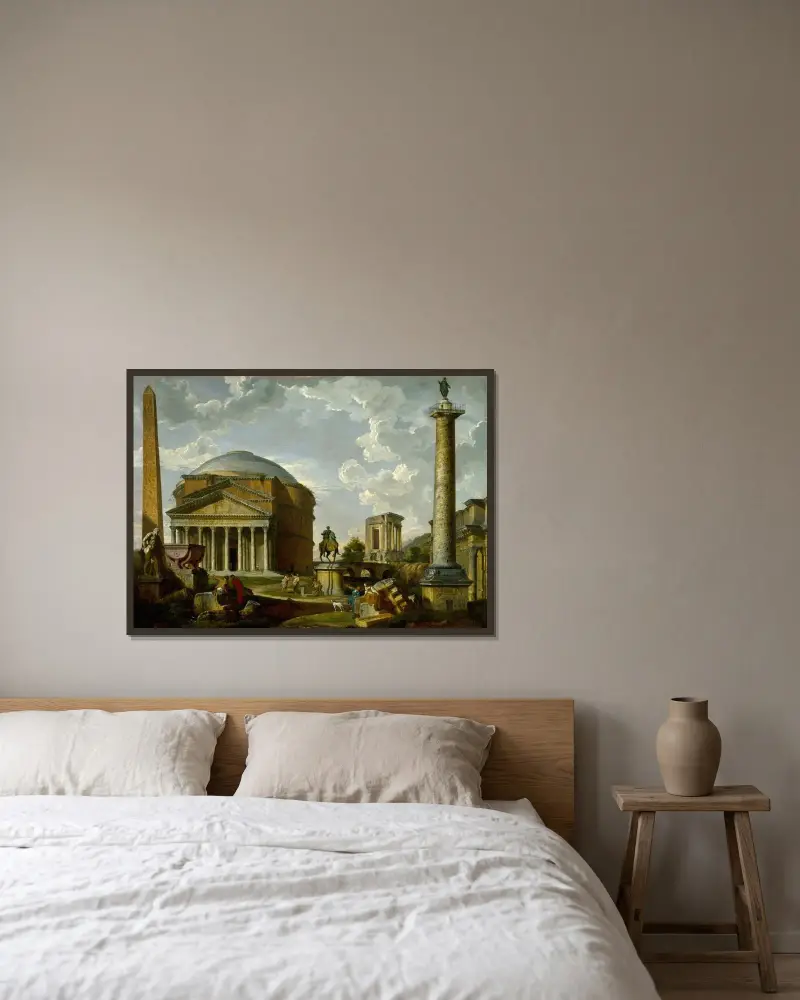 Fantasivy med Pantheon och andra monument från det antika Rom av Giovanni Paolo Panini inramad på en vägg