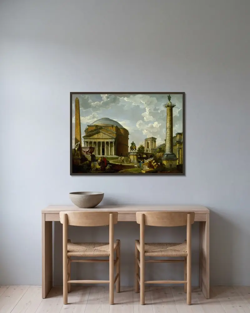 Fantasivy med Pantheon och andra monument från det antika Rom av Giovanni Paolo Panini inramad på en vägg