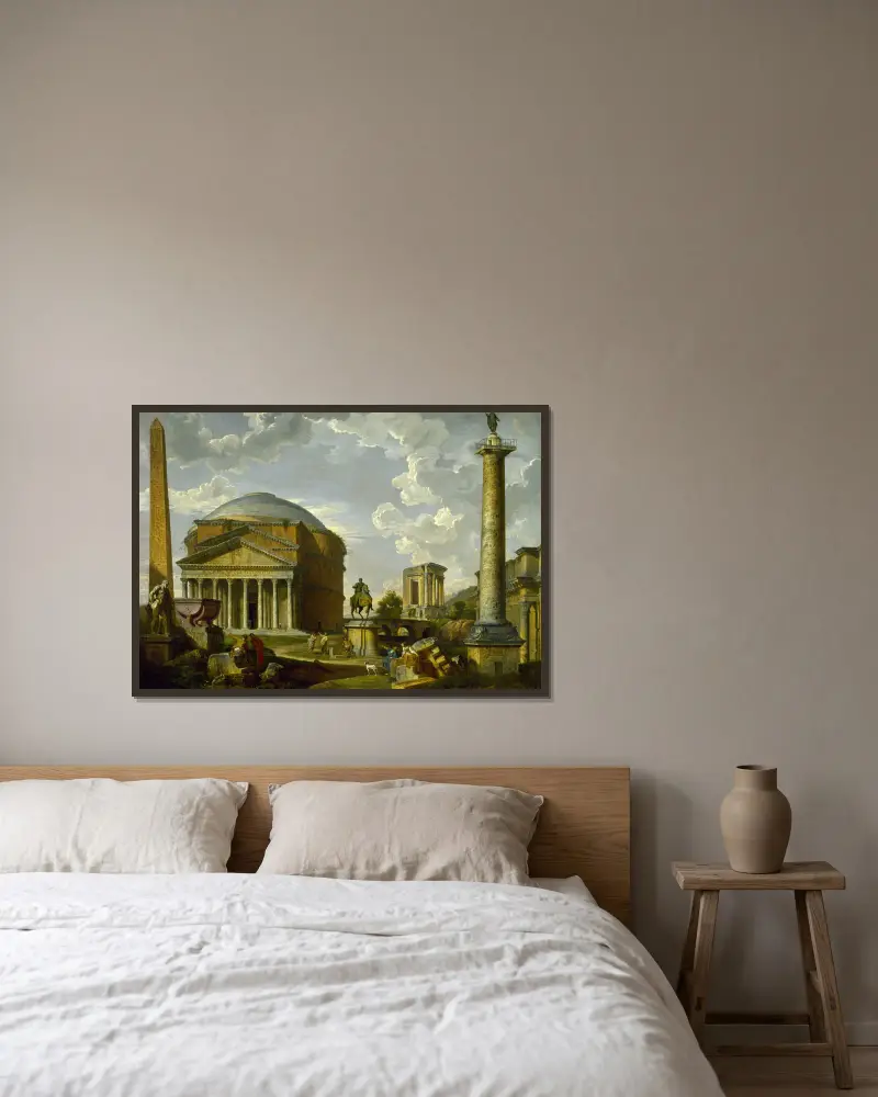 Fantasieansicht mit dem Pantheon und anderen Monumenten des antiken Rom von Giovanni Paolo Panini gerahmt an einer Wand