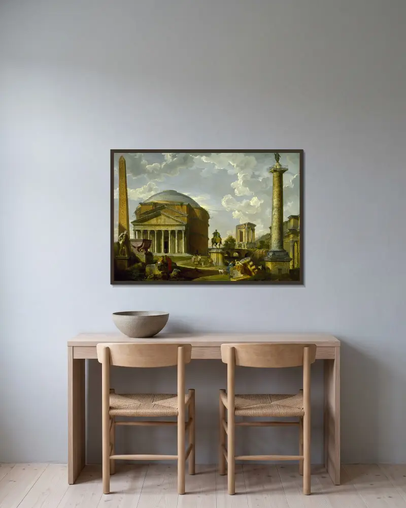 Fantasieansicht mit dem Pantheon und anderen Monumenten des antiken Rom von Giovanni Paolo Panini gerahmt an einer Wand