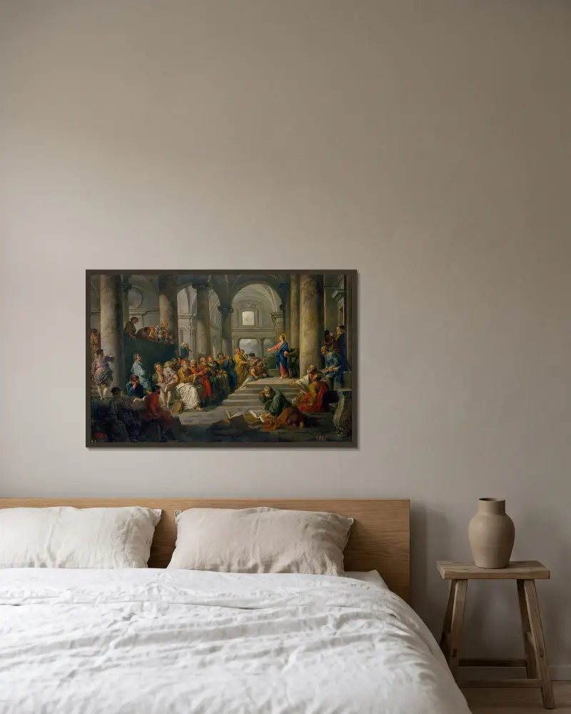 Jesus bland lärarna av Giovanni Paolo Panini inramad på en vägg