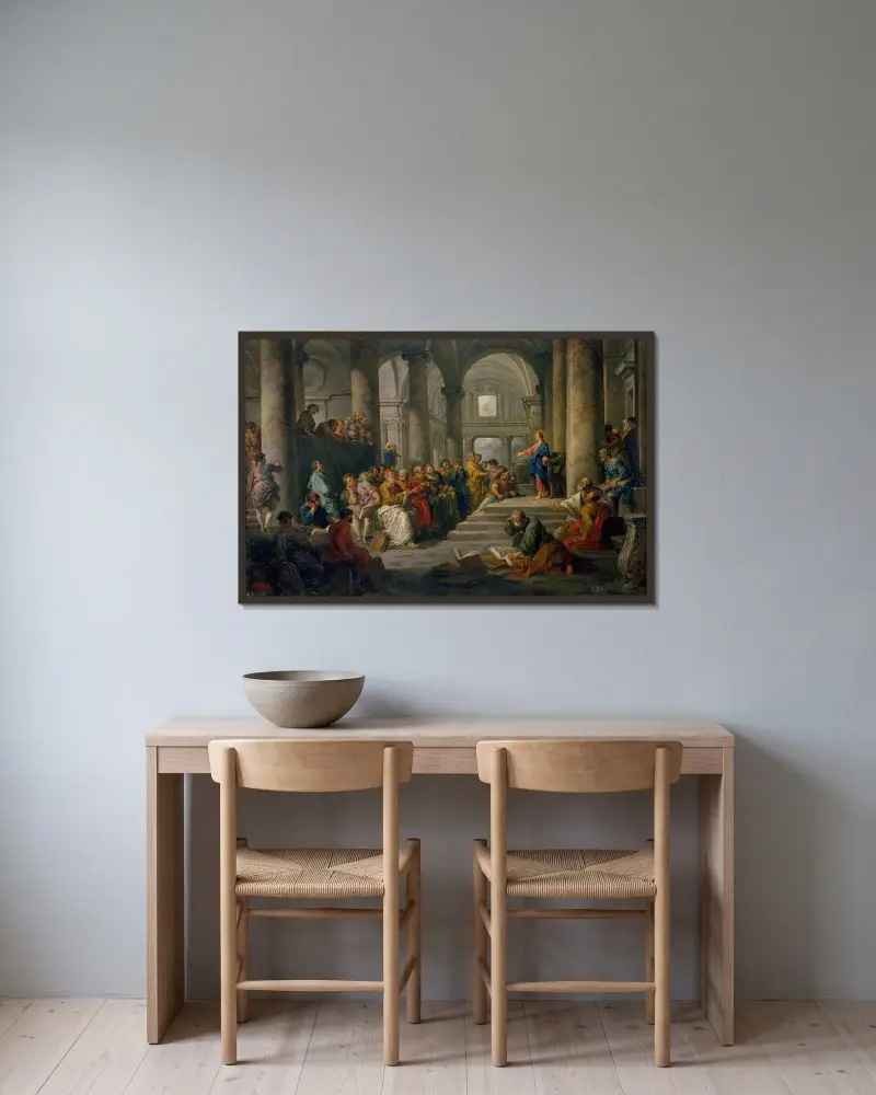 Jesus bland lärarna av Giovanni Paolo Panini inramad på en vägg
