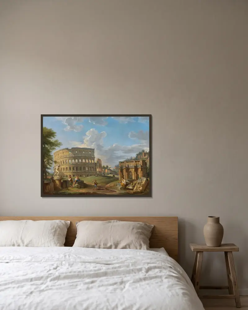 Landskap med Colosseum och Konstantinbågen, Rom av Giovanni Paolo Panini inramad på en vägg