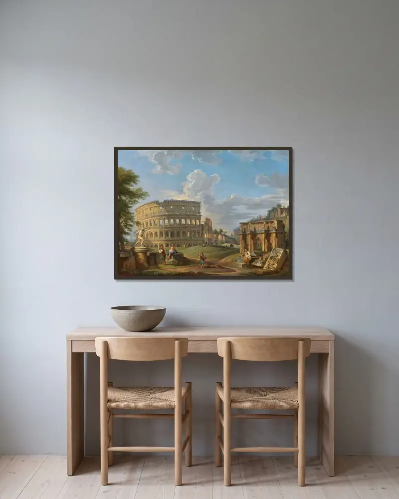 Landskap med Colosseum och Konstantinbågen, Rom av Giovanni Paolo Panini inramad på en vägg
