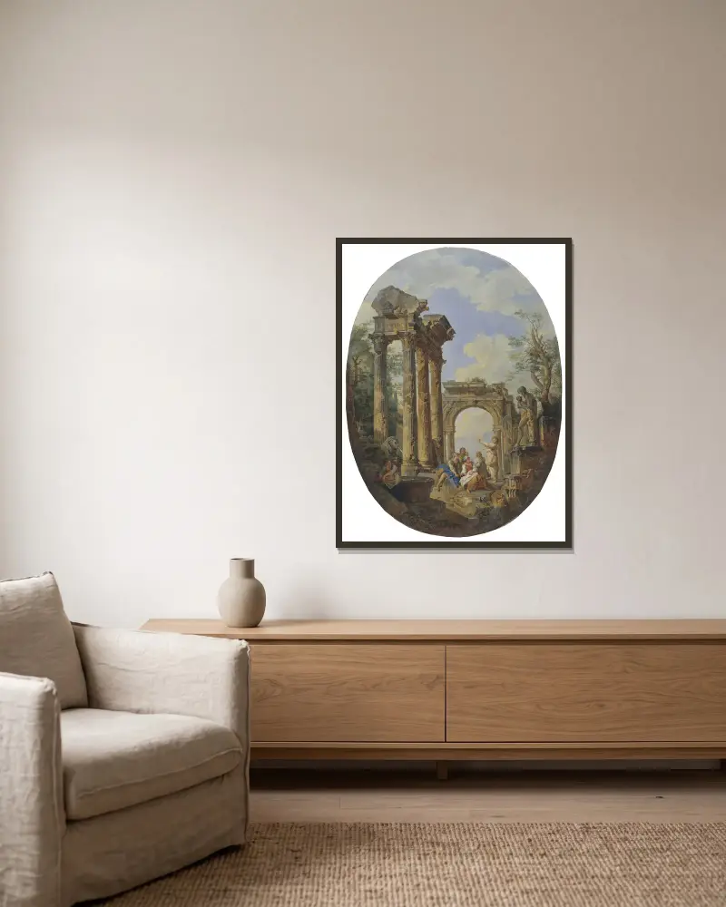 Römische Ruinen – Nr. 2 von Giovanni Paolo Panini gerahmt an einer Wand