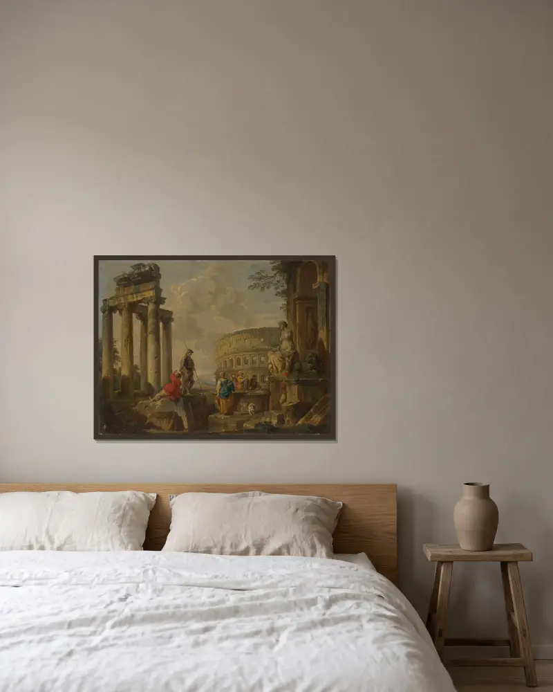 Colosseum bland romerska ruiner av Giovanni Paolo Panini inramad på en vägg
