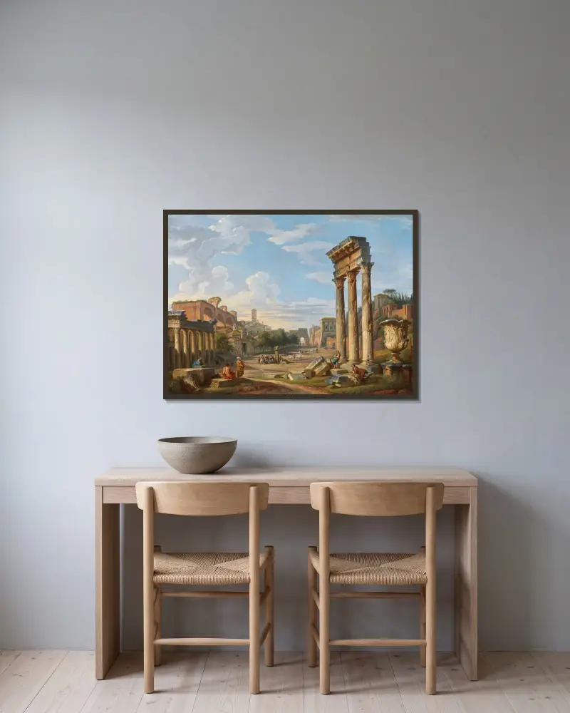 Det romerska forumet av Giovanni Paolo Panini inramad på en vägg