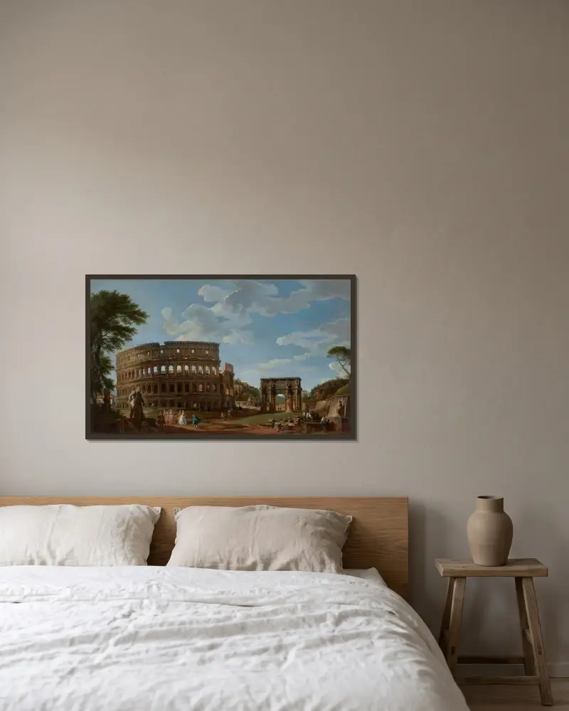Utsikt över Colosseum och Konstantinbågen av Giovanni Paolo Panini inramad på en vägg
