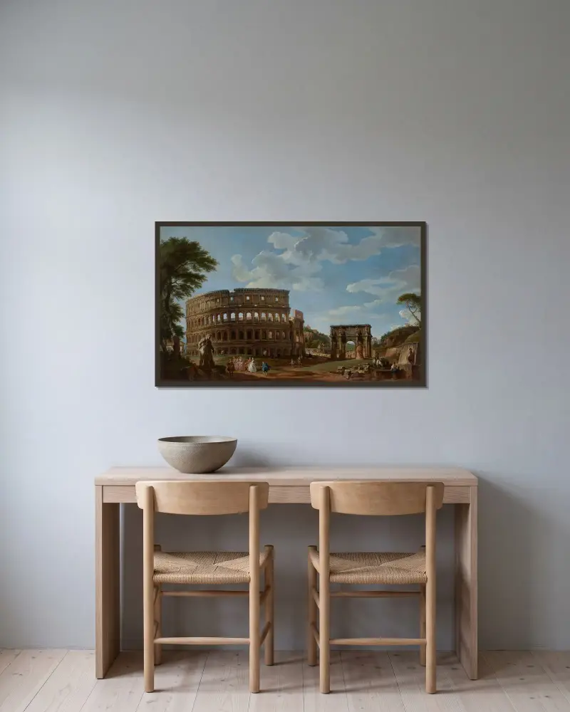 Utsikt över Colosseum och Konstantinbågen av Giovanni Paolo Panini inramad på en vägg