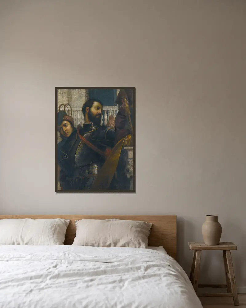 A Knight And His Page av Paolo Veronese inramad på en vägg