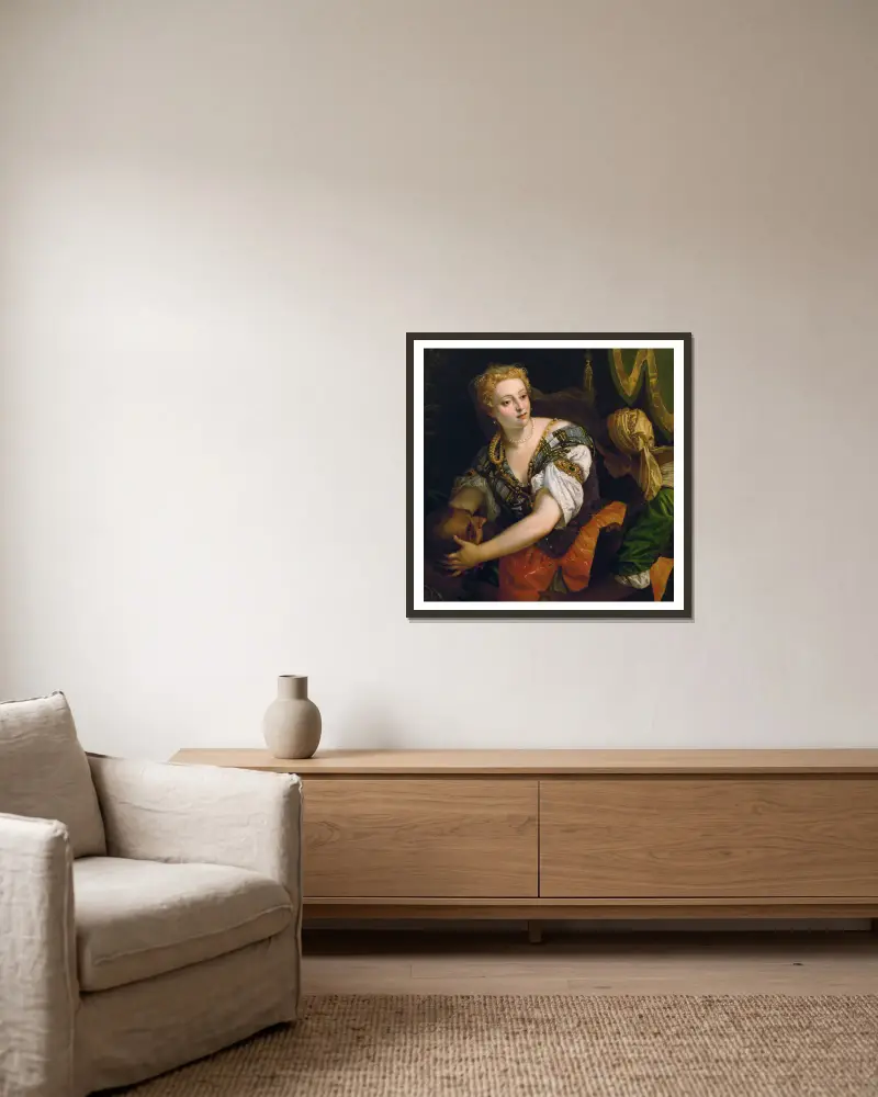 Judit med Holofernes huvud av Paolo Veronese inramad på en vägg