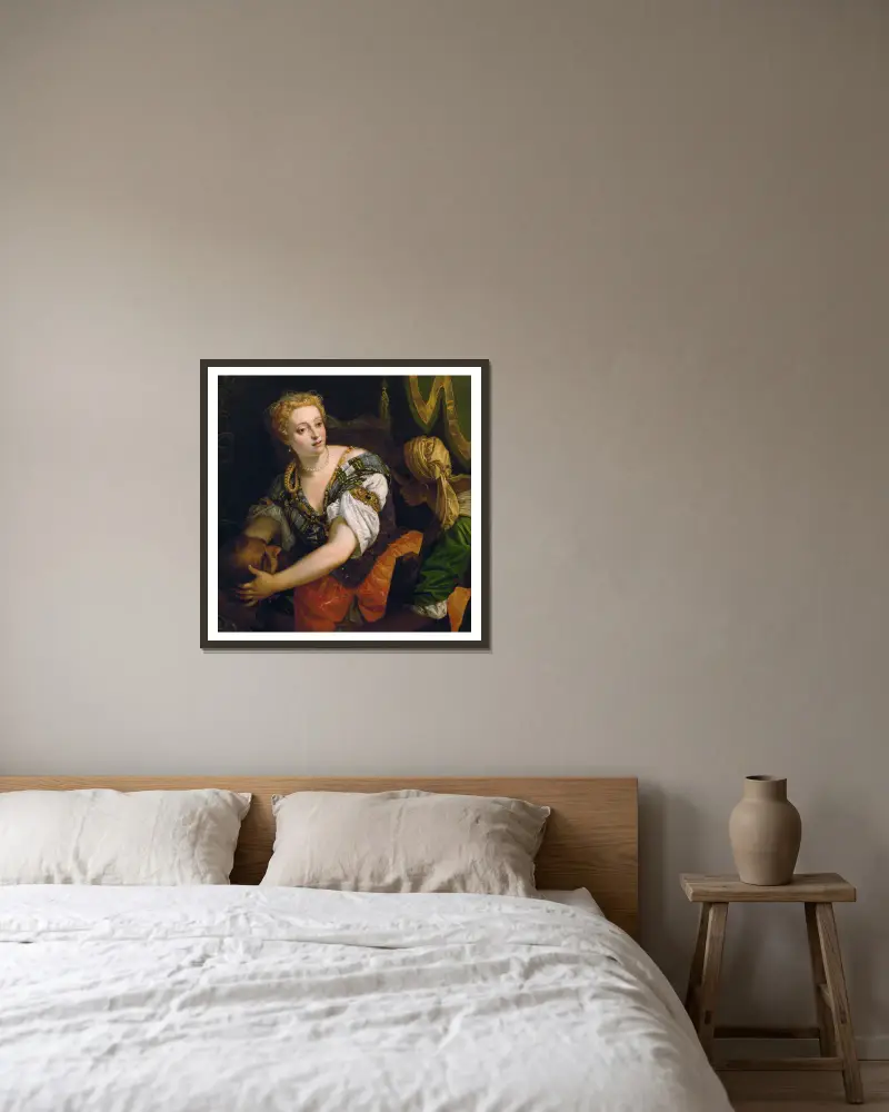 Judit med Holofernes huvud av Paolo Veronese inramad på en vägg
