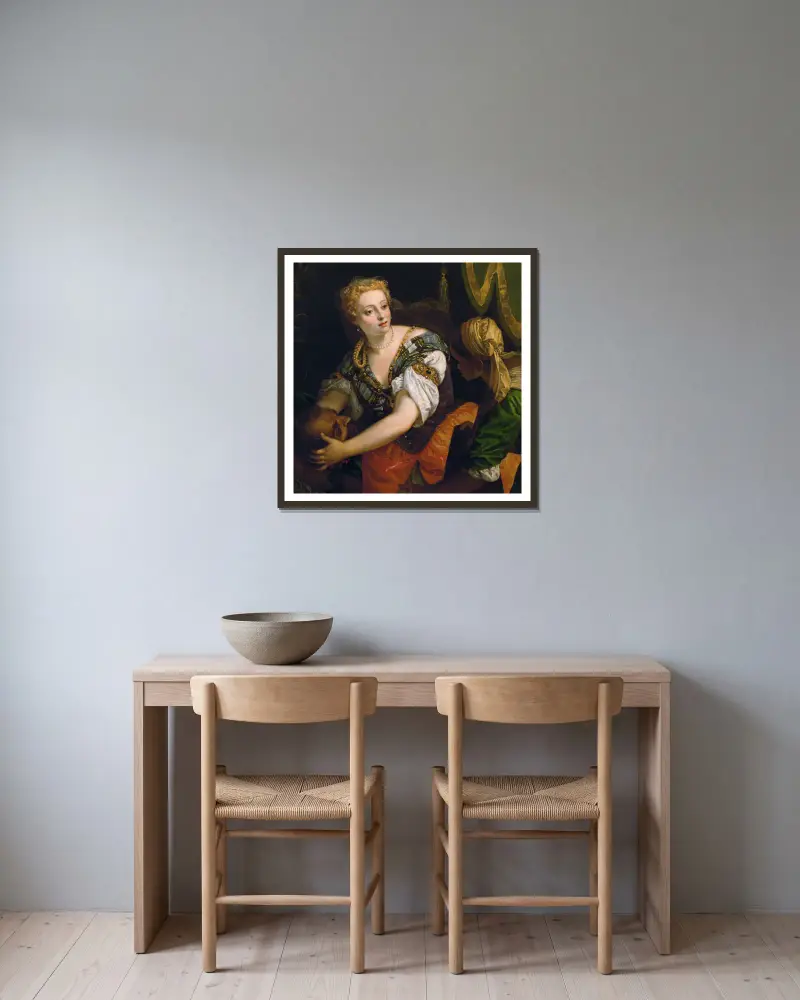 Judit med Holofernes huvud av Paolo Veronese inramad på en vägg