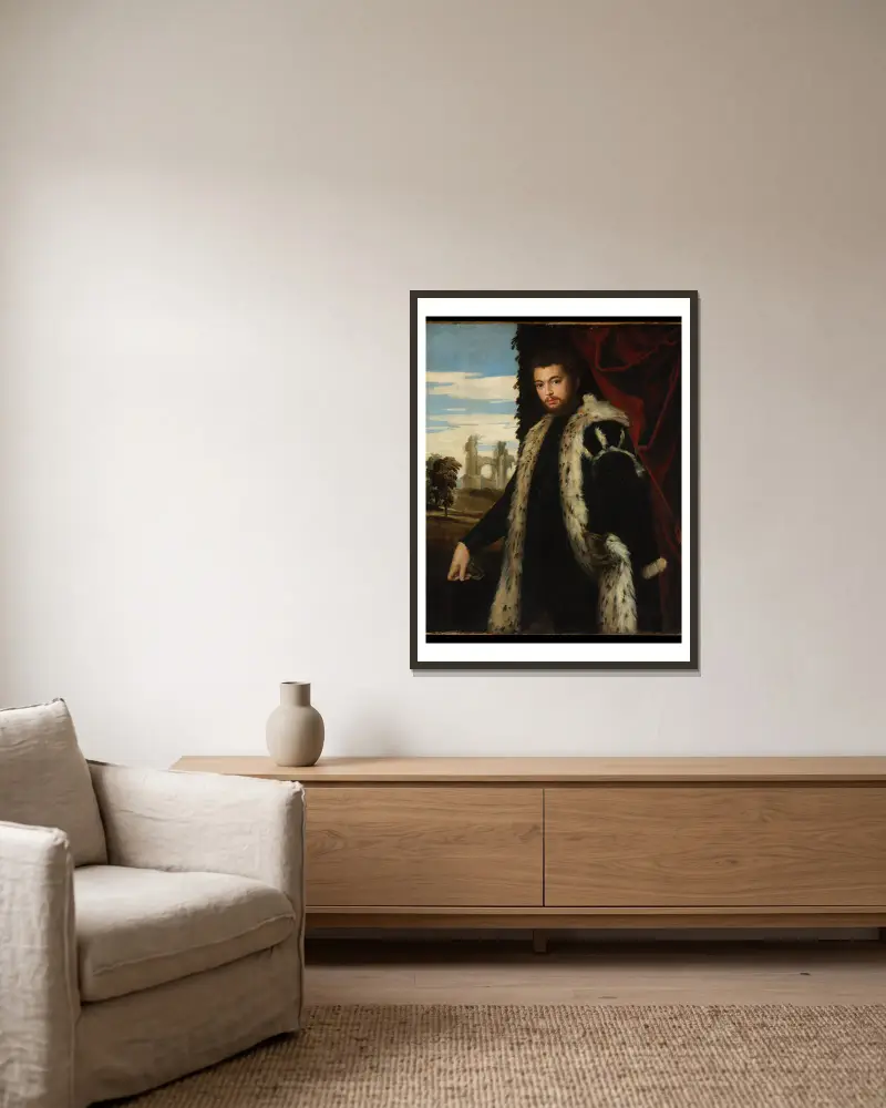 Portrait of a Man – nr 2 av Paolo Veronese inramad på en vägg