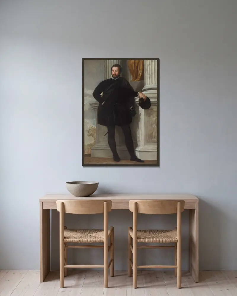 Portrait of a Man – nr 1 av Paolo Veronese inramad på en vägg