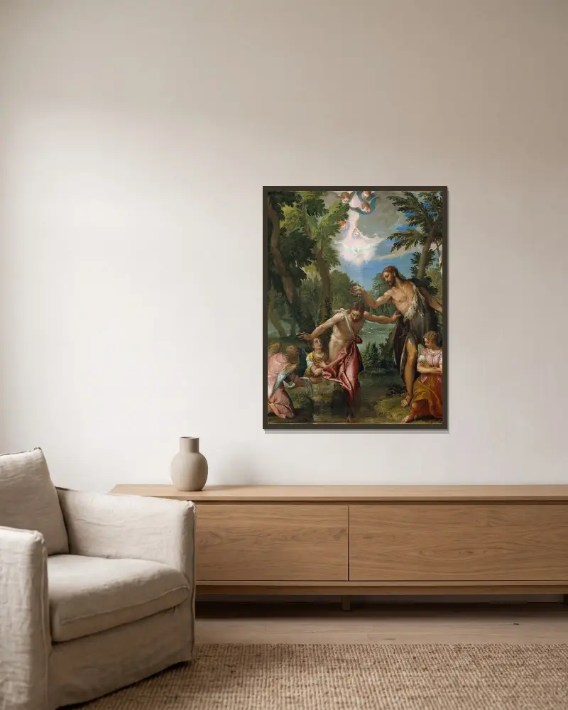 The Baptism of Christ av Paolo Veronese inramad på en vägg