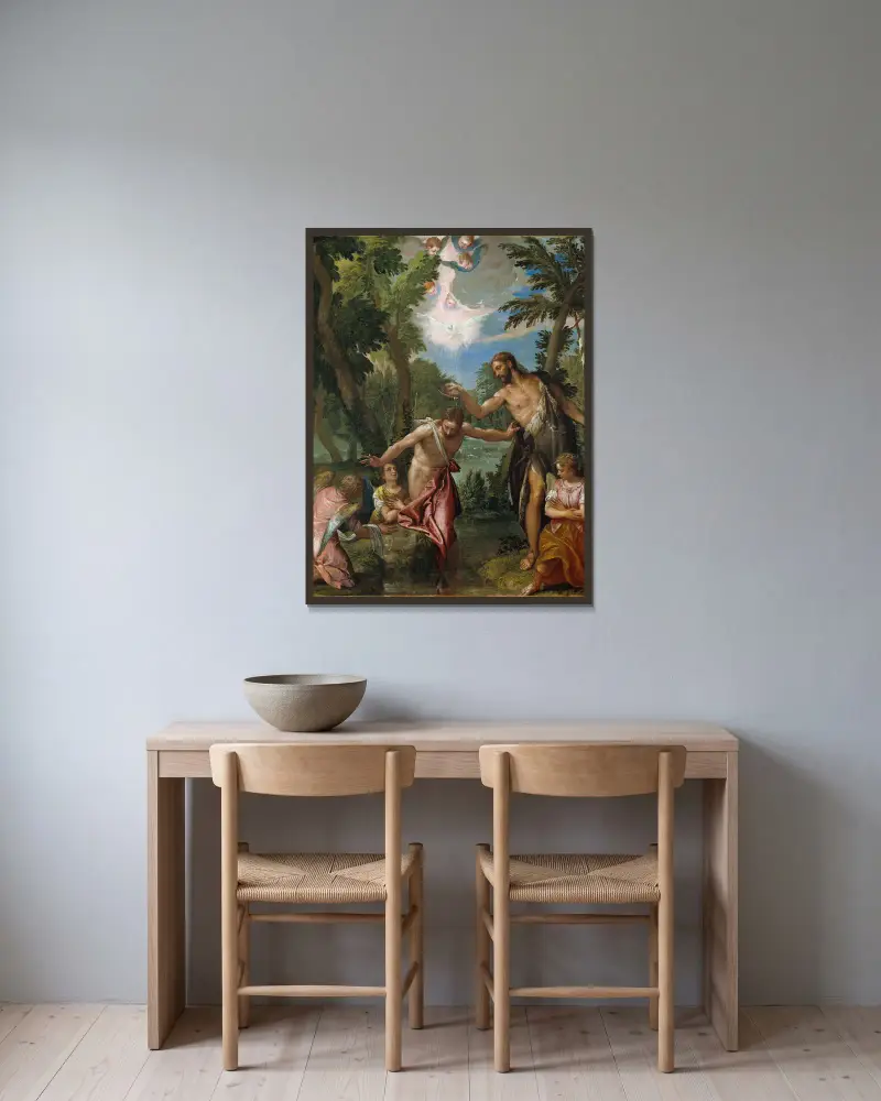 The Baptism of Christ av Paolo Veronese inramad på en vägg