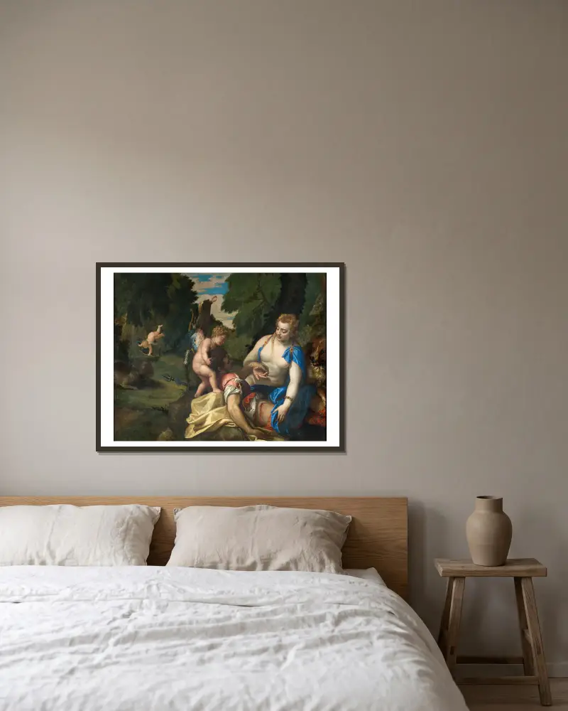 Venus trauert um Adonis von Paolo Veronese gerahmt an einer Wand