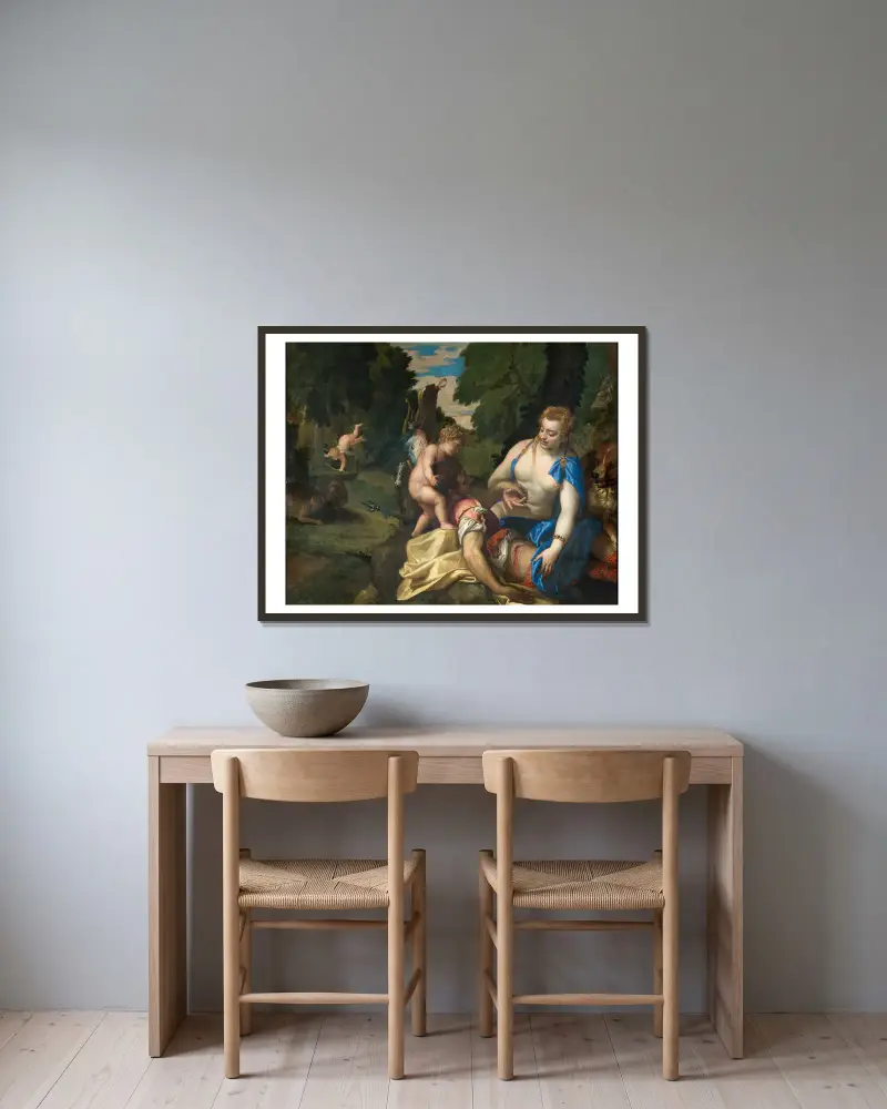 Venus trauert um Adonis von Paolo Veronese gerahmt an einer Wand