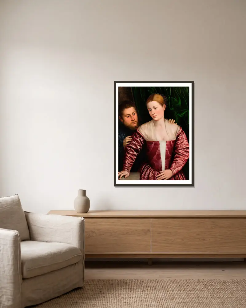 Double Portrait of a Venetian Woman and her Cavalier av Paris Bordone inramad på en vägg