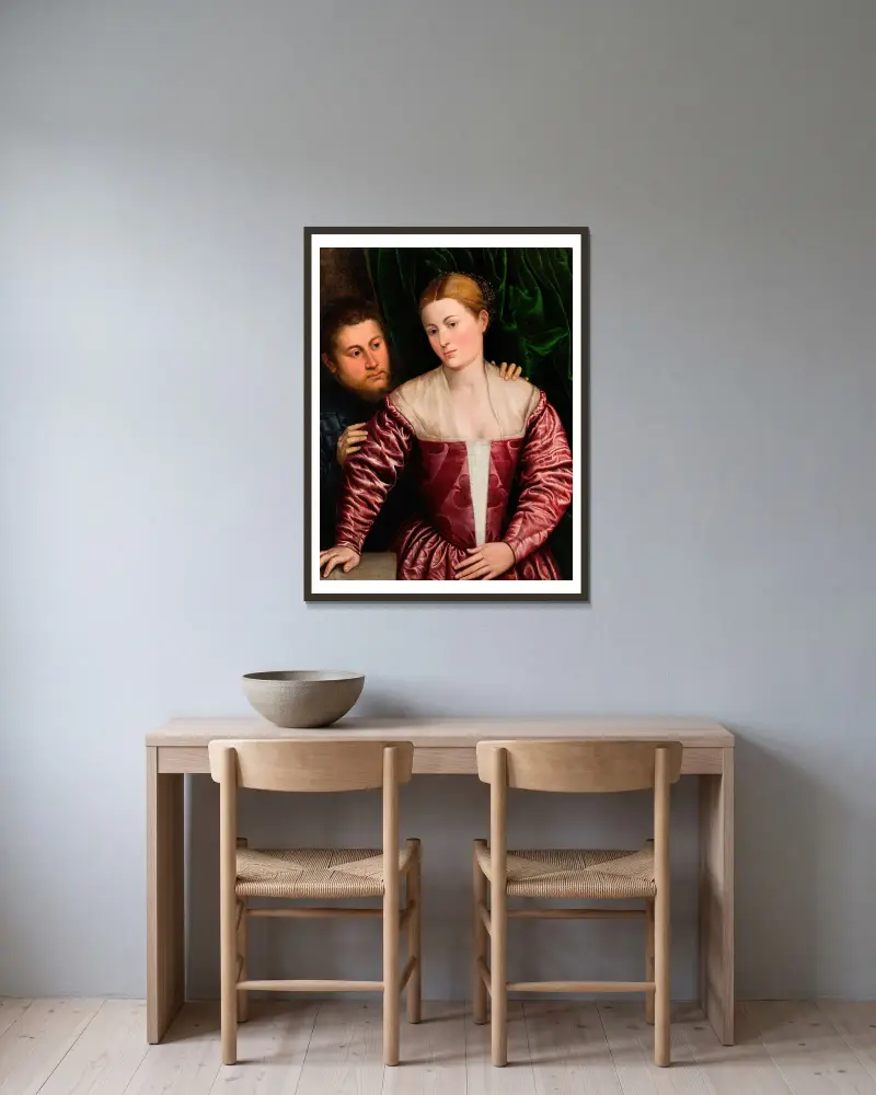 Double Portrait of a Venetian Woman and her Cavalier av Paris Bordone inramad på en vägg