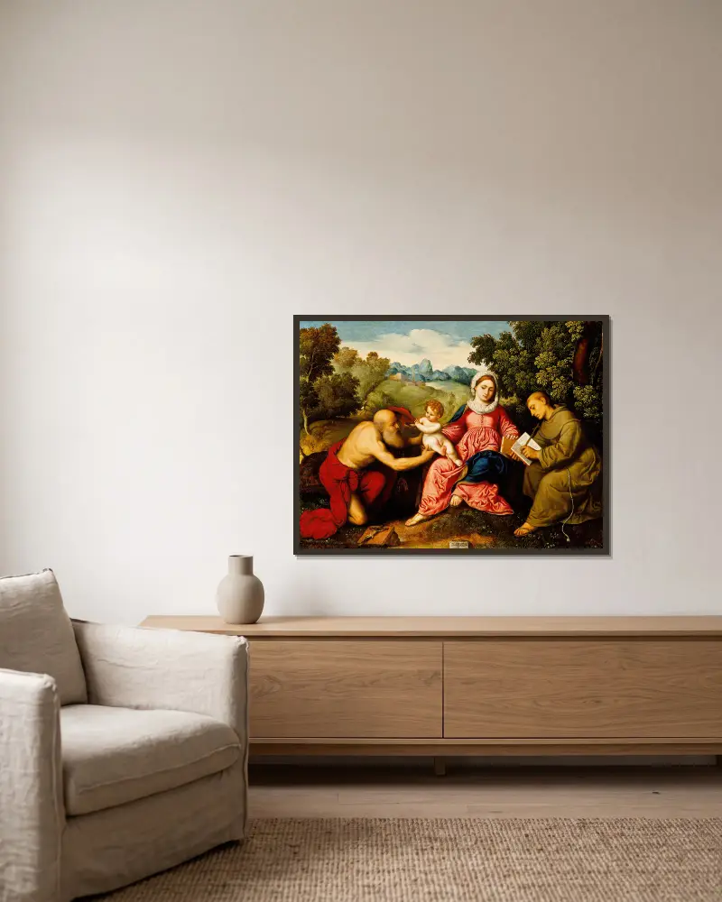 Madonna and Child with Saints Jerome and Francis av Paris Bordone inramad på en vägg
