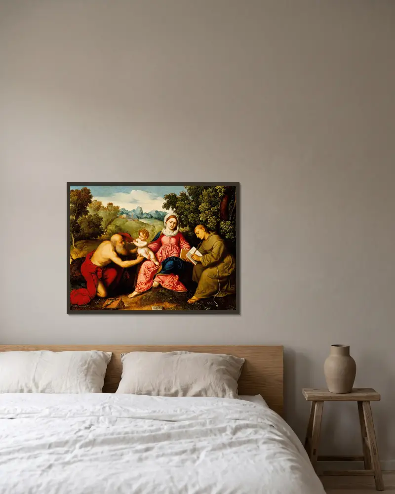 Madonna and Child with Saints Jerome and Francis av Paris Bordone inramad på en vägg
