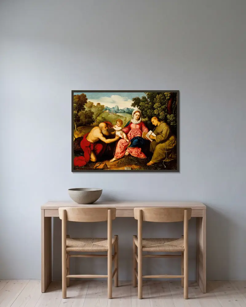 Madonna and Child with Saints Jerome and Francis av Paris Bordone inramad på en vägg