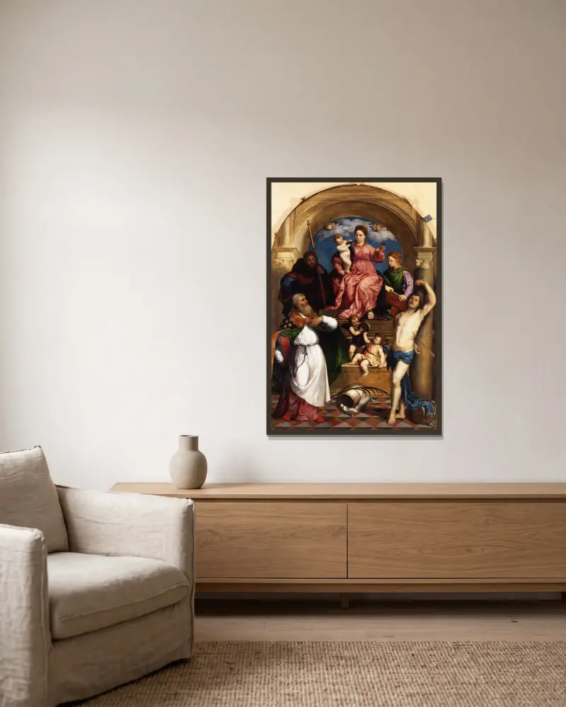 Madonna with Child Enthroned and Saints av Paris Bordone inramad på en vägg