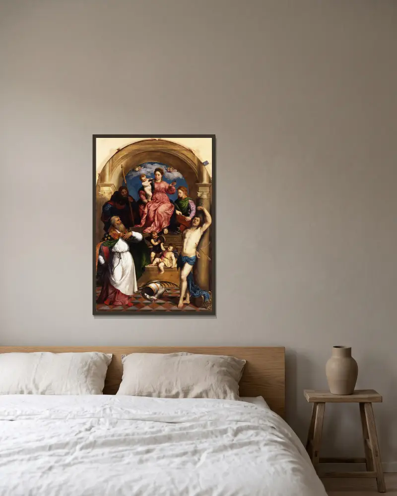 Madonna with Child Enthroned and Saints av Paris Bordone inramad på en vägg
