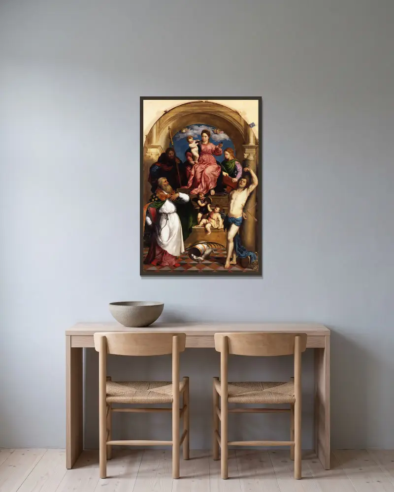 Madonna with Child Enthroned and Saints av Paris Bordone inramad på en vägg