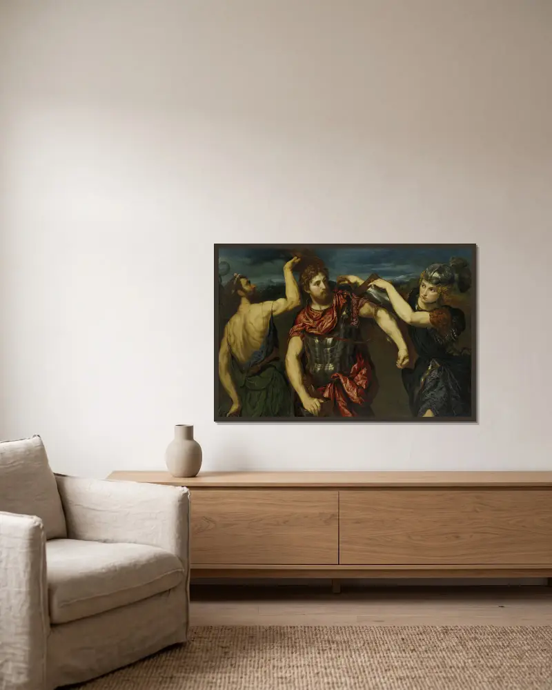 Perseus Armed by Mercury and Minerva av Paris Bordone inramad på en vägg
