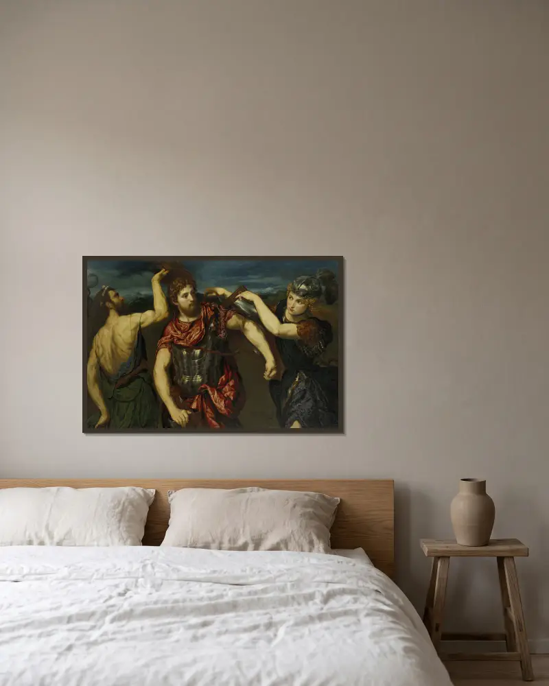 Perseus Armed by Mercury and Minerva av Paris Bordone inramad på en vägg