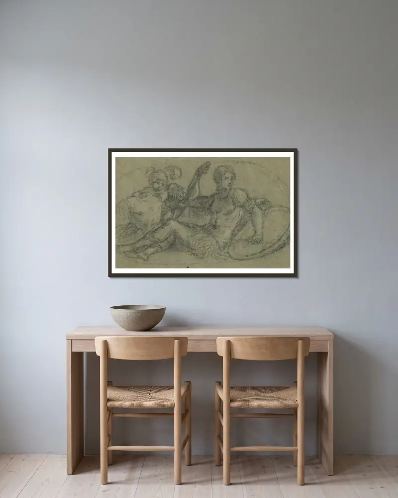 Seated Male Figure with Putto and Armor av Paris Bordone inramad på en vägg