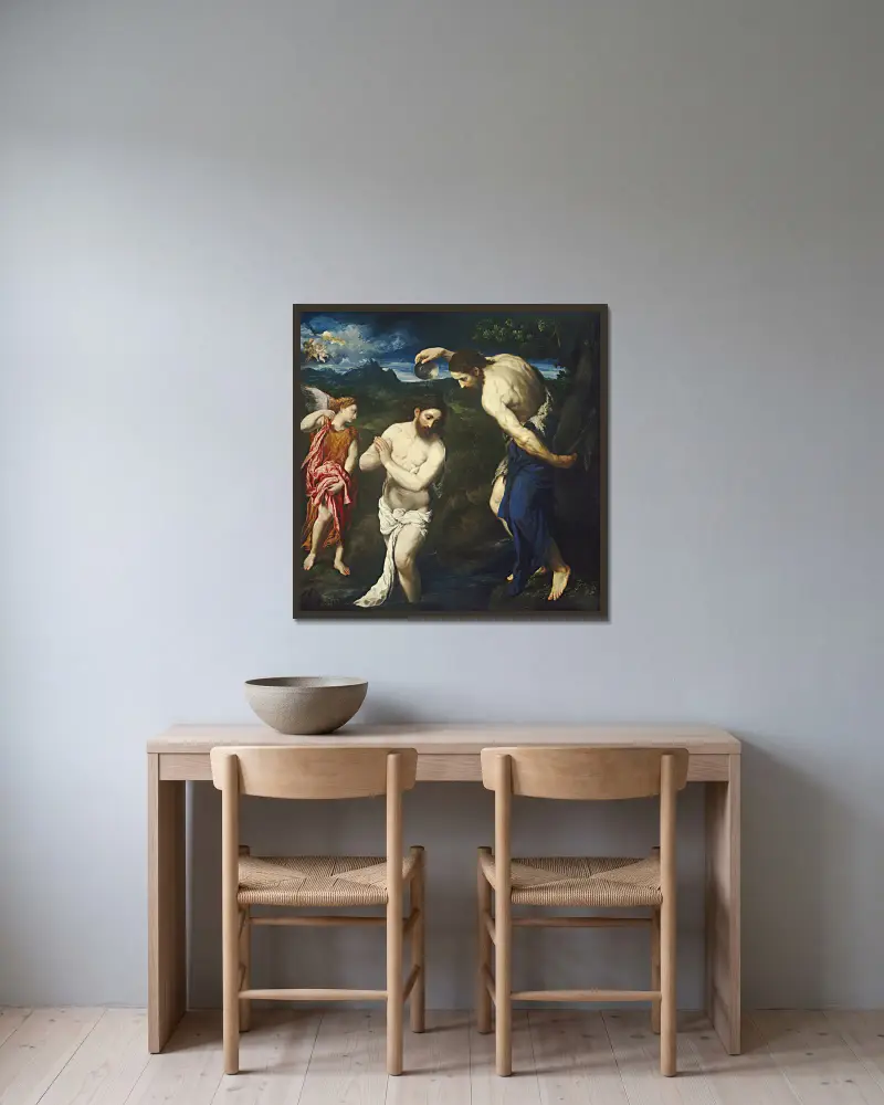 The Baptism of Christ av Paris Bordone inramad på en vägg