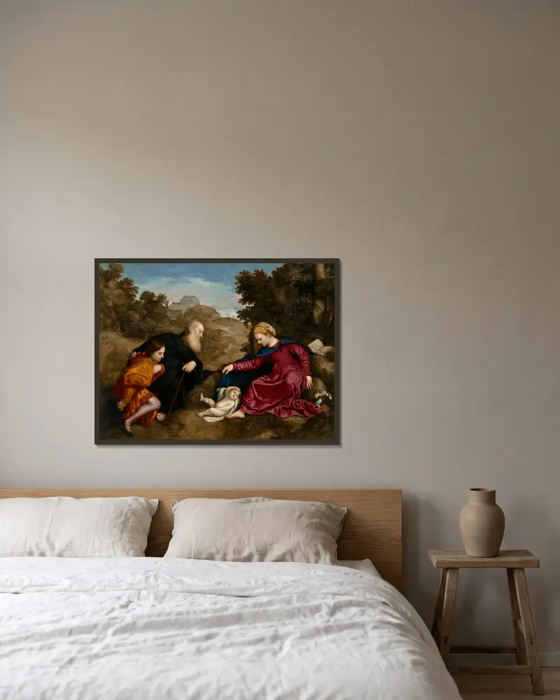 The Madonna and Child with Saint Anthony Abbot and young male donor av Paris Bordone inramad på en vägg