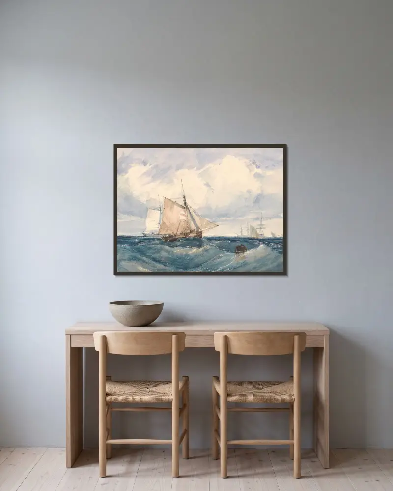 En kutter och andra fartyg i en bris av Richard Parkes Bonington inramad på en vägg