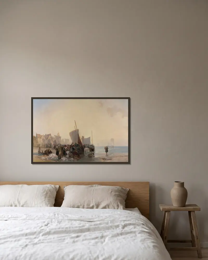 En fiskmarknad nära Boulogne av Richard Parkes Bonington inramad på en vägg