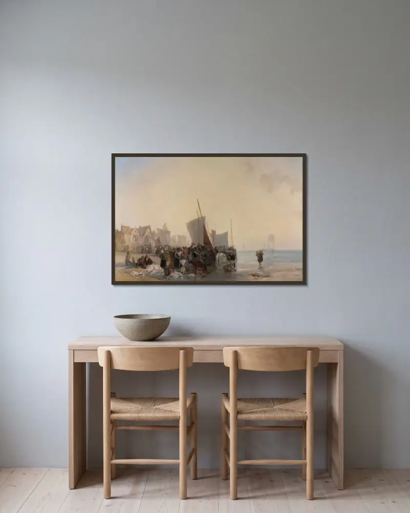 En fiskmarknad nära Boulogne av Richard Parkes Bonington inramad på en vägg