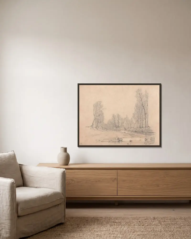 Ein Waldbach und ein Bauernhaus in der Normandie von Richard Parkes Bonington gerahmt an einer Wand