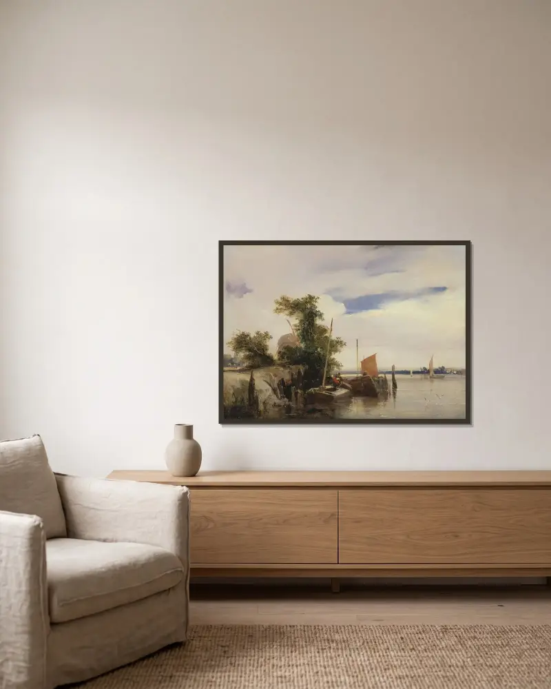 Lastkähne auf einem Fluss von Richard Parkes Bonington gerahmt an einer Wand