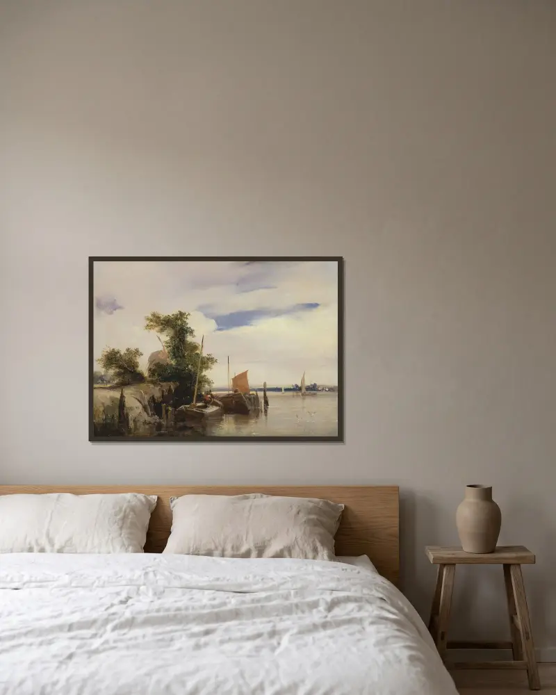 Lastkähne auf einem Fluss von Richard Parkes Bonington gerahmt an einer Wand