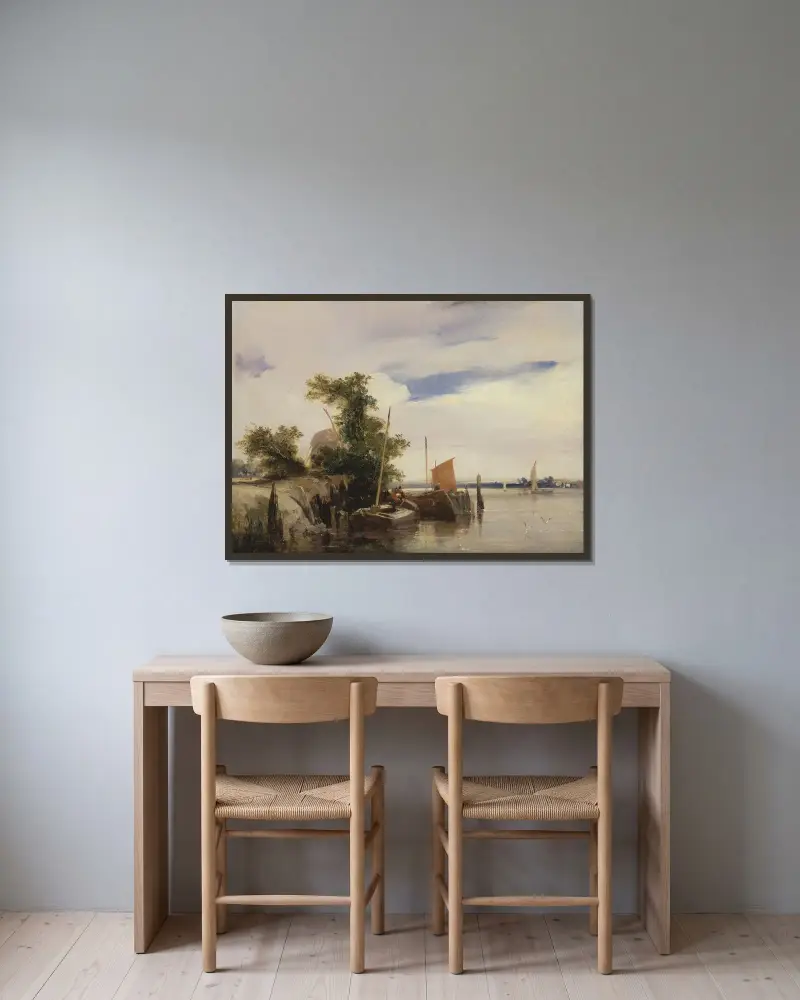 Lastkähne auf einem Fluss von Richard Parkes Bonington gerahmt an einer Wand