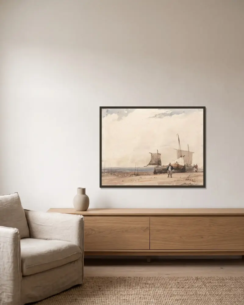 Strandscen av Richard Parkes Bonington inramad på en vägg