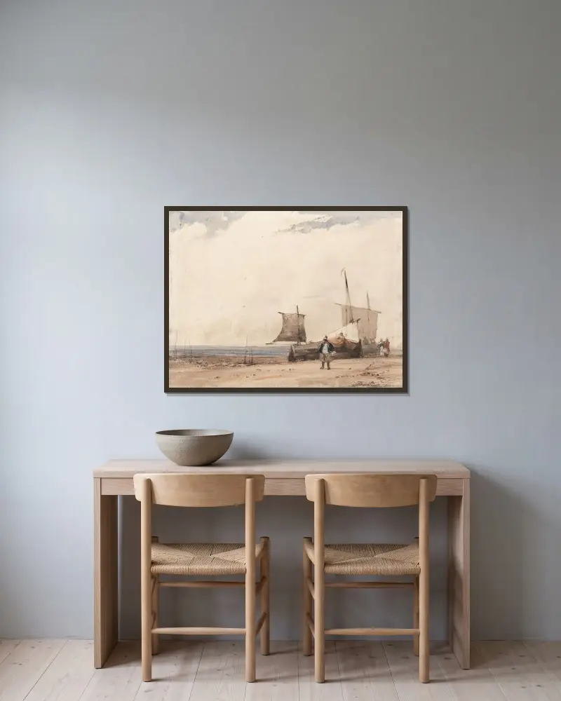 Strandscen av Richard Parkes Bonington inramad på en vägg