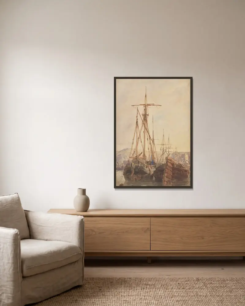 Fischerboote vor Anker, Boulogne, Frankreich von Richard Parkes Bonington gerahmt an einer Wand